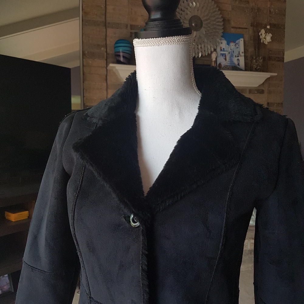 Black Faux Suede Faux Fur Shearling Coat from Italy - Picture 4 of 14